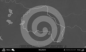 Miory District outlined, Belarus. Grayscale