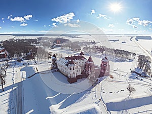 Mir Castle in Belarus. Winter aerial view