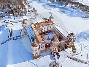 Mir Castle in Belarus. Winter aerial view