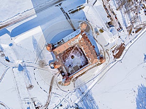 Mir Castle in Belarus. Winter aerial view