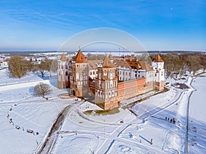 Mir Castle in Belarus. Winter aerial view