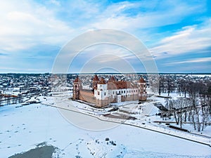 Mir Castle in Belarus. Winter aerial view