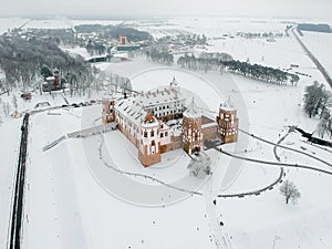 Mir Castle in Belarus. Winter. Drone photo
