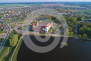 Mir Castle in the cityscape aerial photography. Belorussia