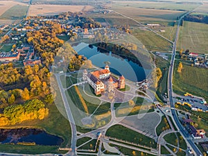 Mir castle in the sunsetlight. Drone aerial photo