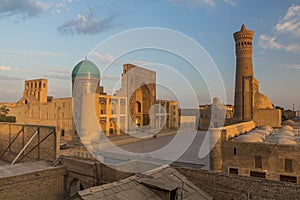 Mir-i-Arab Madrasa and Kalan minaret and mosque in Bukhara, Uzbekist