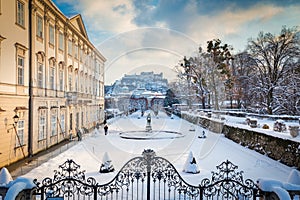 Mirabell Gardens with Hohensalzburg Fortress in winter, Salzburg, Austria