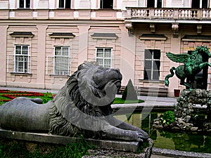 The Mirabell Gardens and the Schloss Mirabell in the centre of Salzburg in Austria