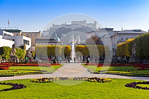 Mirabell Palace with Hohensalzburg in Salzburg, Austria