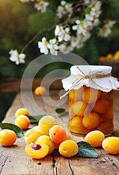 Mirabelle plums and jar of jam on a wooden table,