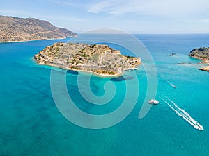 Mirabello Bay view by drone with Spinalonga island on Crete, Greece