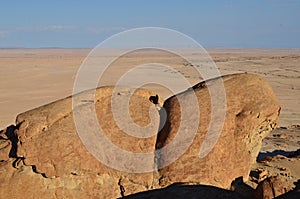 mirabib lonely scenic Granit Rock in the Desert Panorama sunrise