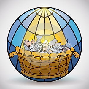 Miracle of Fishes Multiplication in Stained Glass Style, Vector Illustration