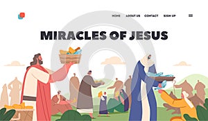 Miracles of Jesus Landing Page Template. Apostles Characters Give Food to Hungry Crowd. Feeding Hearers of Prophet