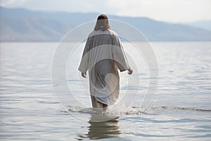 Miraculous scene of Jesus walking on water on the sea of Galilee, generative AI