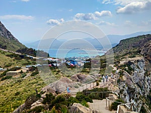 Mirador Es Colomer Formentor, Mallorca, Spain - 05.05.2022: Tourists walking at Mirador Es Colomer Formentor. Port de Pollensa or