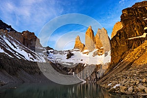 Mirador Torres at sunrise in the Torres del Paine National Park in Patagonia, Chile