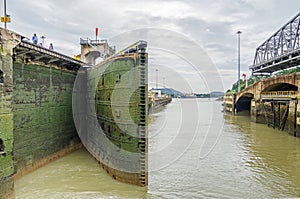 Miraflores Locks of the Panama Canal with lock gates closing