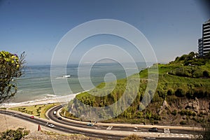 Miraflores Peru-bajada armendaris- con lujosos edificios y autopista en la costa verde junio 2018-oceano pacifico y explendido photo