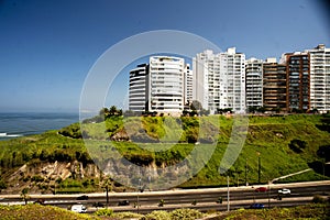 Miraflores Peru-bajada armendaris- with luxurious buildings and highway on the green coast june 2018-pacific ocean and splendid photo