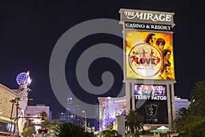 The Mirage Hotel sign at night in Las Vegas, NV on August 29, 2013