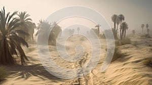 Mirage of Palm Trees in Hazy Desert photo