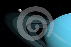 Miranda orbiting around Uranus planet in the outer space. 3d render