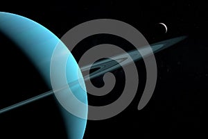 Miranda, Uranus V, orbiting around Uranus planet in the outer space