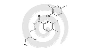 mirdametinib molecule, structural chemical formula, ball-and-stick model, isolated image benzhydroxamic acid photo