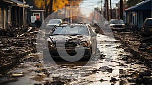 Mired in Mud: Climate Change-Induced Floods Engulf Vehicles. Generative AI