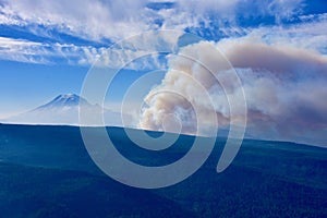 The Miriam Fire, in Miriam Creek Basin, near White Pass, seen From Darland Mountain, Mt. Rainier in Distance