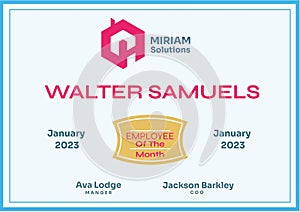 Miriam solutions employee of the month text with name, details and logo on white with blue frame