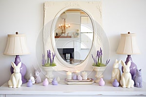 mirror base, bunny plates, eggshell tealights, lavender