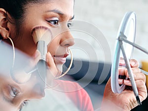 Mirror Close-Up Of Young Woman Applying Make-Up For Beauty