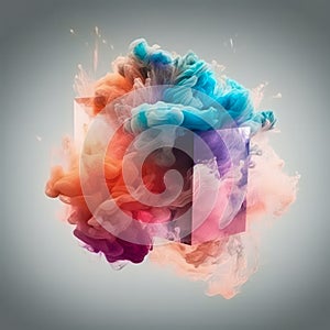 mirror cube in puff of smoke in neon tones, abstract art, colored steam background, smoke cloud swirl pattern, bright vivid colors