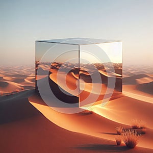 A mirror cube standing in the desert.