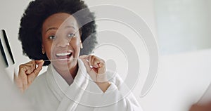 Mirror, dental floss and teeth healthcare black woman cleaning mouth for healthy gums, smile and fresh breath. African