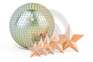 Mirror disco ball with five golden stars, 3D rendering