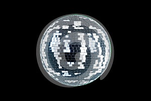 Mirror disco ball isolated on black background. Mirror glitter, club decoration ball. 3D render, 3D illustration