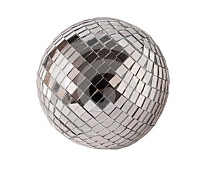Mirror disco ball isolated on white background. Brilliant decoration, silver decor