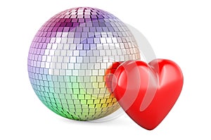 Mirror disco ball with red heart, 3D rendering