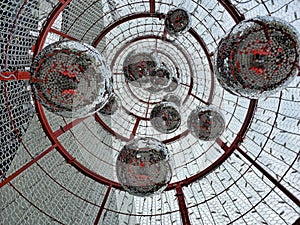 Mirror disco balls inside a Christmas tree