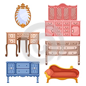 Mirror, Dressers, Bureau And Couch Charming Vintage Furniture Set With Timeless Designs. Crafted With Quality Materials