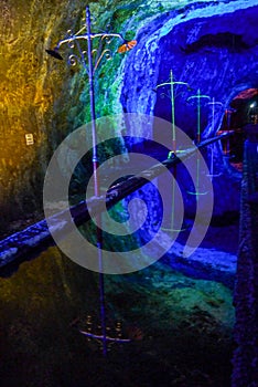 Colorful reflections at underground salt mine Cathedral Zipaquira in Nemocon, Colombia