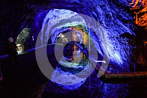 Colorful reflections at underground salt mine Cathedral Zipaquira in Nemocon, Colombia