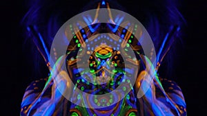 Mirror effect, screaming scary woman with colorful glowing patterns on her body and face