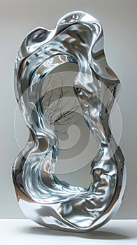 A mirror with elements having a smooth, smoothly flowing surface, resembling melting metal, against the background of a