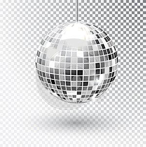 Mirror glitter disco ball vector illustration. Night Club party light element. Bright mirror silver ball design for