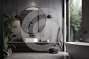 mirror gray room concrete bathroom decor luxury design sink home interior. Generative AI.