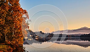 Mirror Lake Lake Placid NY reflections mountains misty fog Autumn